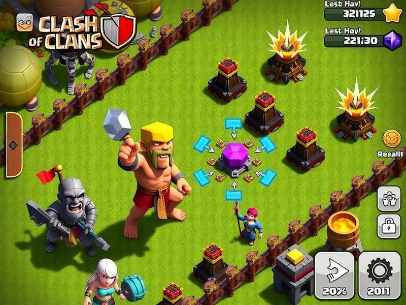 Clash of Clans PC gameplay with hack overlay showing resources and troop stats