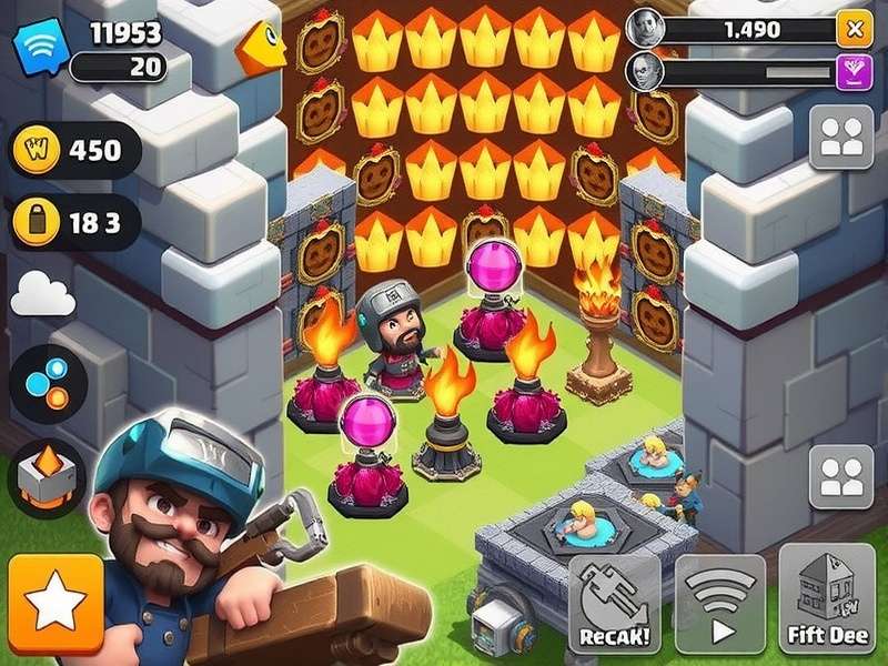 Clash of Clans village showcase featuring Town Hall, Clan Castle, and army camps in a vibrant base layout